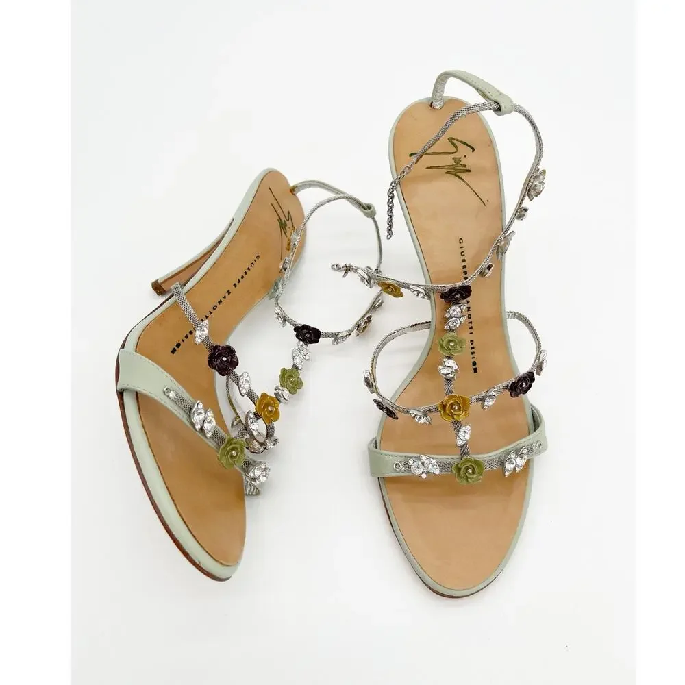 Giuseppe Zanotti Vintage Mint Green Crystal Floral T Strap Heeled Sandals US 7.5